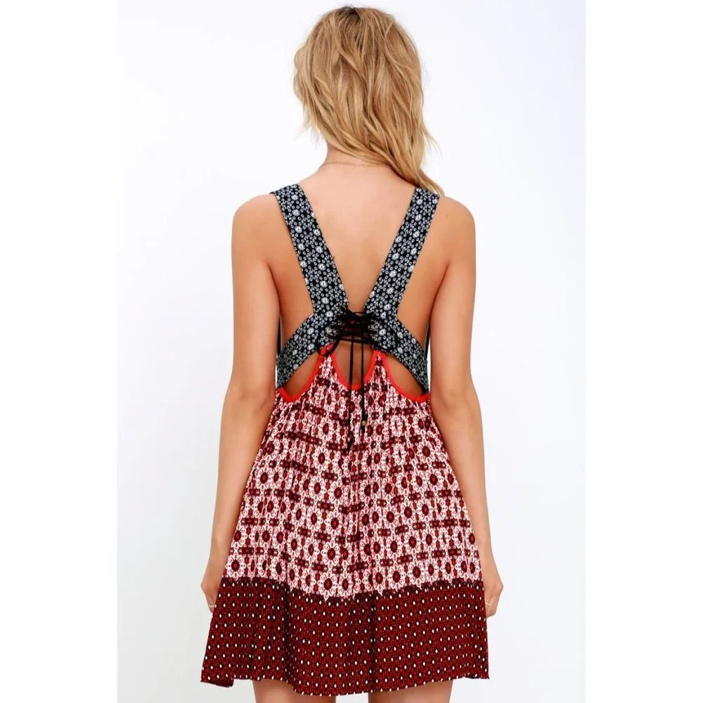 Lulus SIZE XS La Vie en Roses Navy Blue and Red Floral Print Sundress Dress - Picture 4 of 7